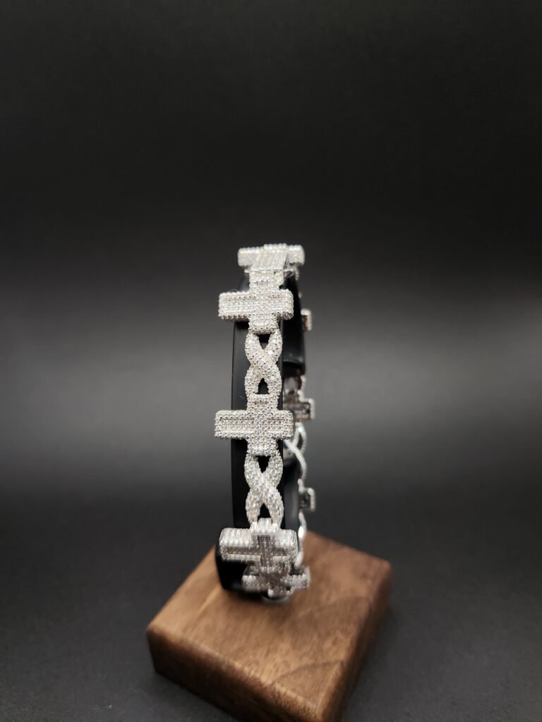 Baguette Cross Bracelet with Moissanite Diamonds on Silver