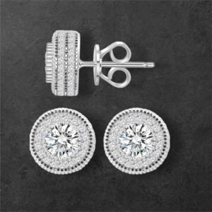 Iced Out Halo Moissanite Diamond Silver Earrings