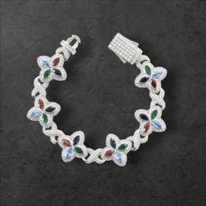 Iced-Out-Clover-Leaf-Bracelet-Multi-Colored-CZ-Stones-Silver
